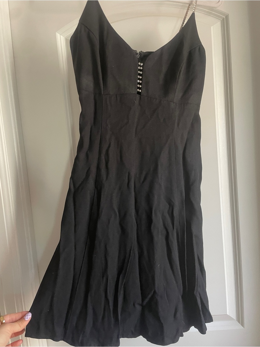 Vintage 90s Bari Jay Black Rhinestone Cocktail Dress Gemstone Straps V Neck 4